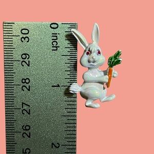 Iridescent White Enamel Bunny Red Eyes Brooch Pin with Carrot Vintage Fun